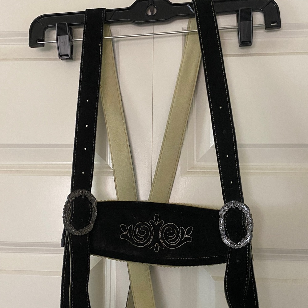 Black Embroidered Lederhosen Style Suspender Pants - Picture 3 of 6